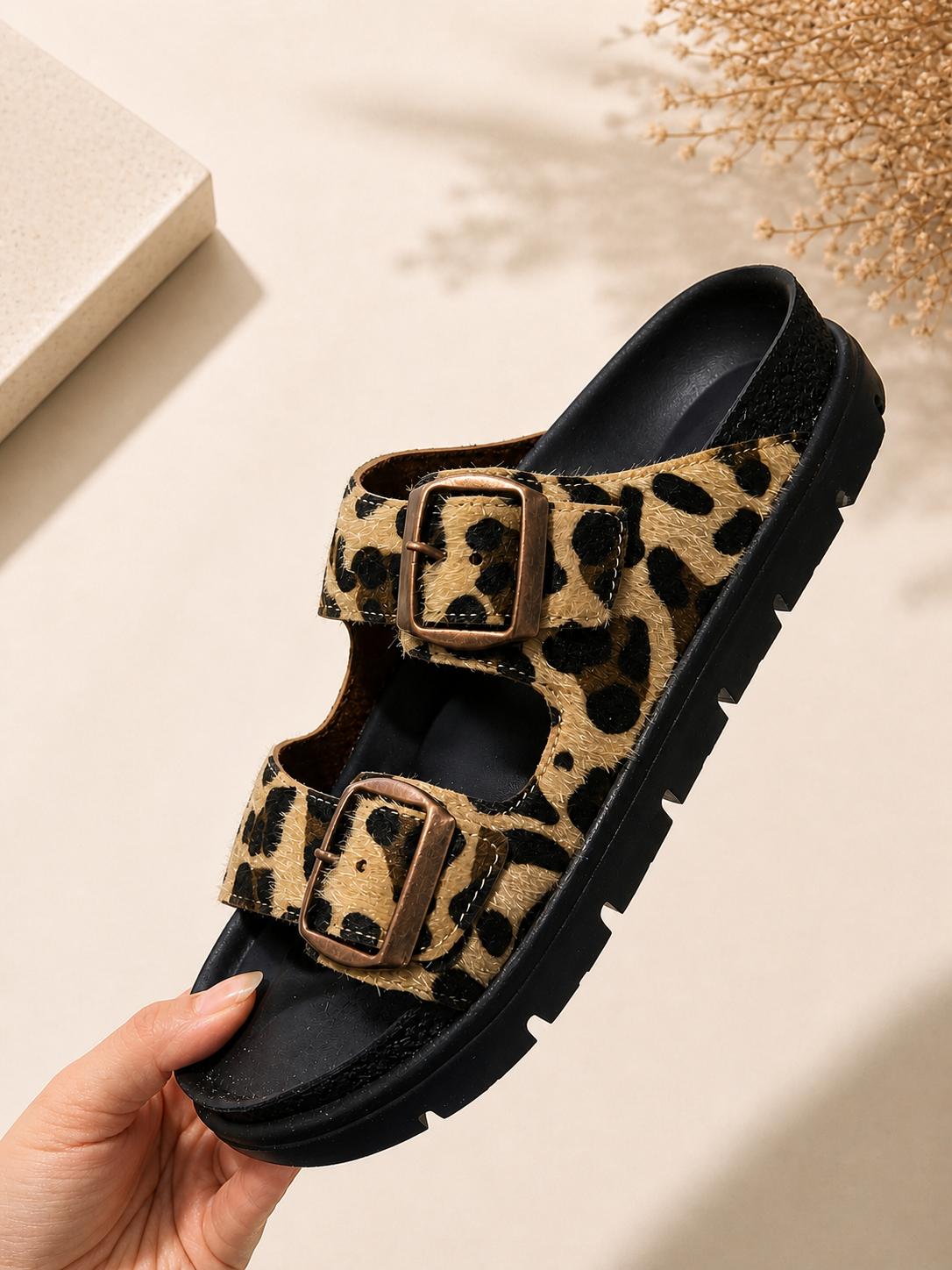 Leopar Sand İki Kemerli Terlik