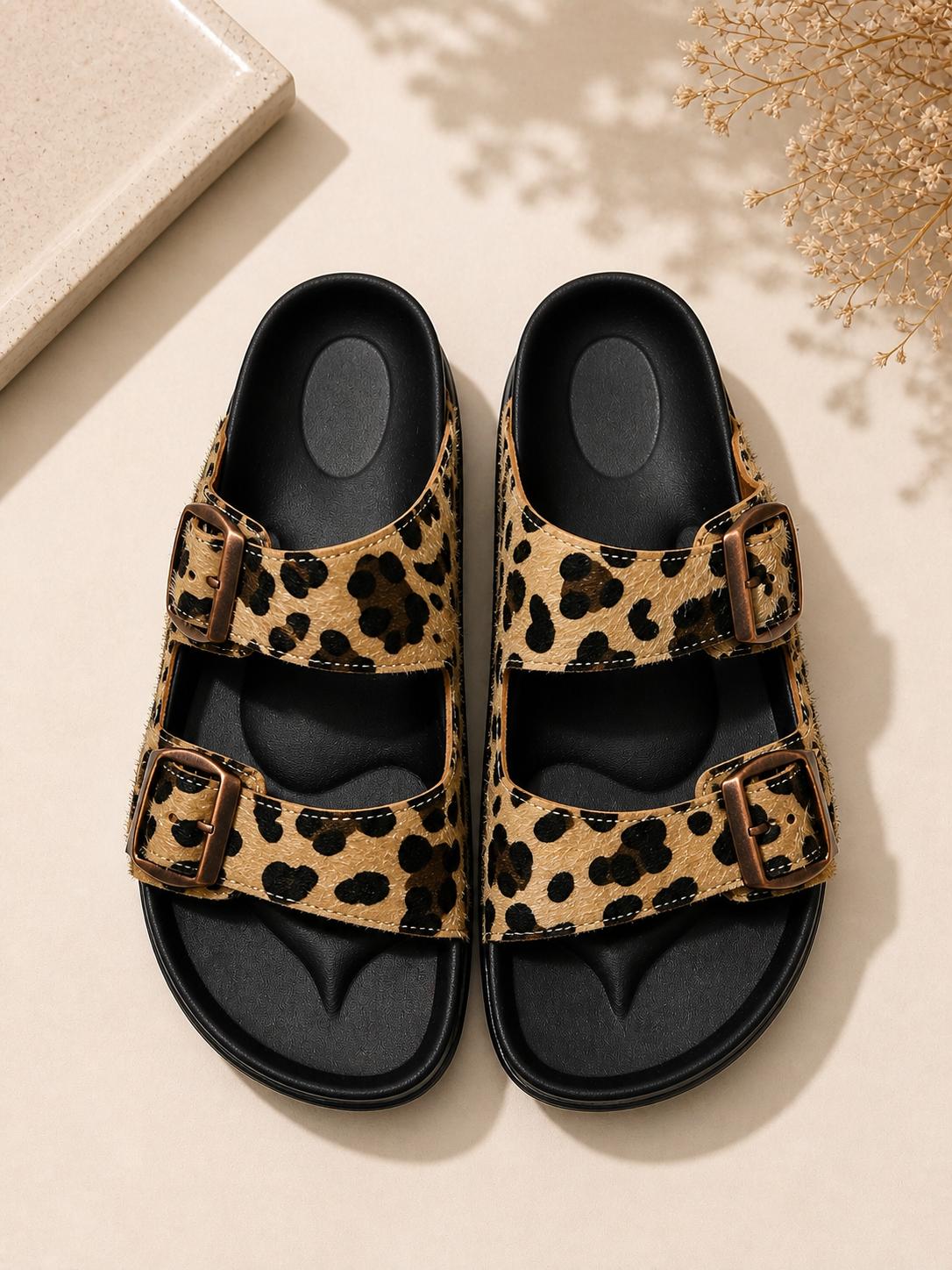 Leopar Sand İki Kemerli Terlik
