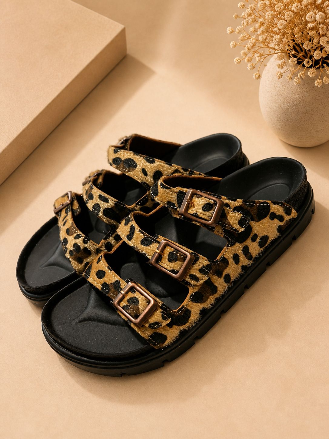 Leopar Sand Üç Kemerli Terlik