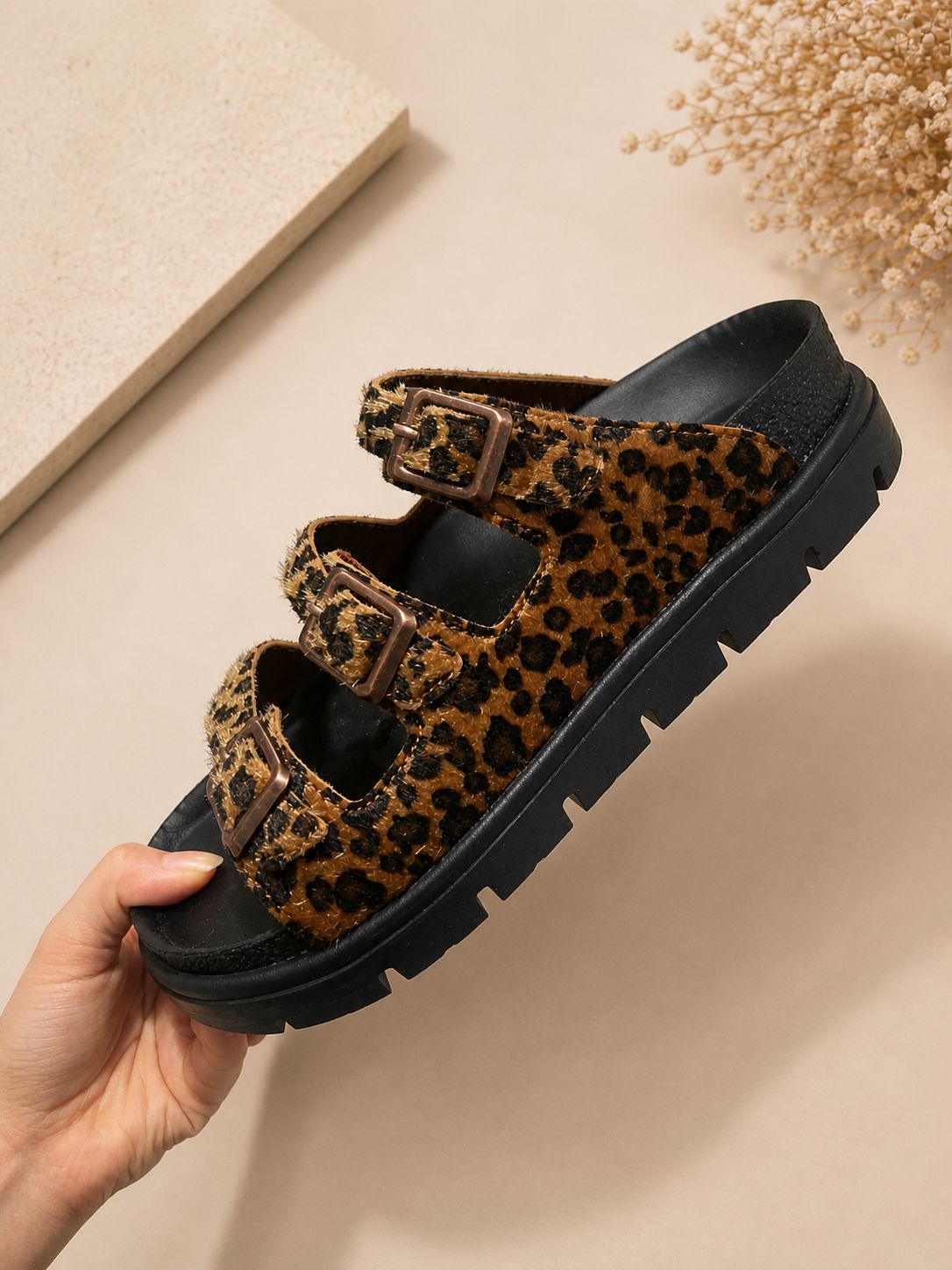 Leopar Cocoa Üç Kemerli Terlik