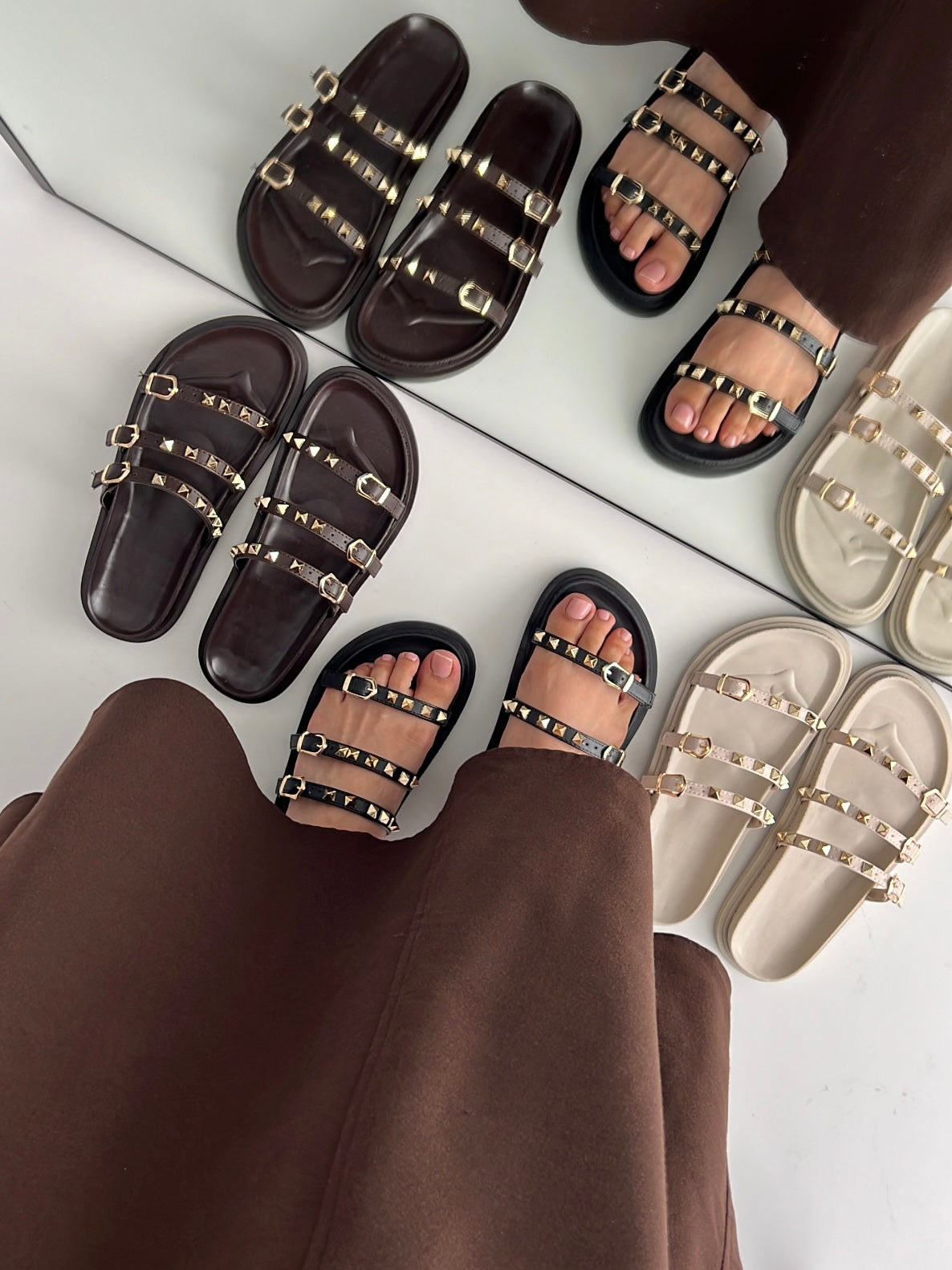 Yoshi Kahve Zımba Detaylı Terlik