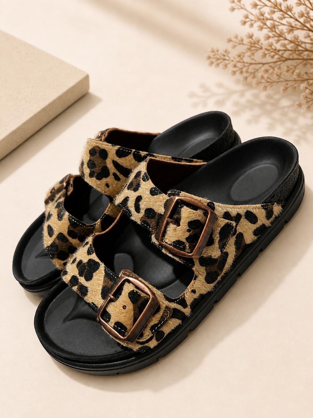 Leopar Sand İki Kemerli Terlik