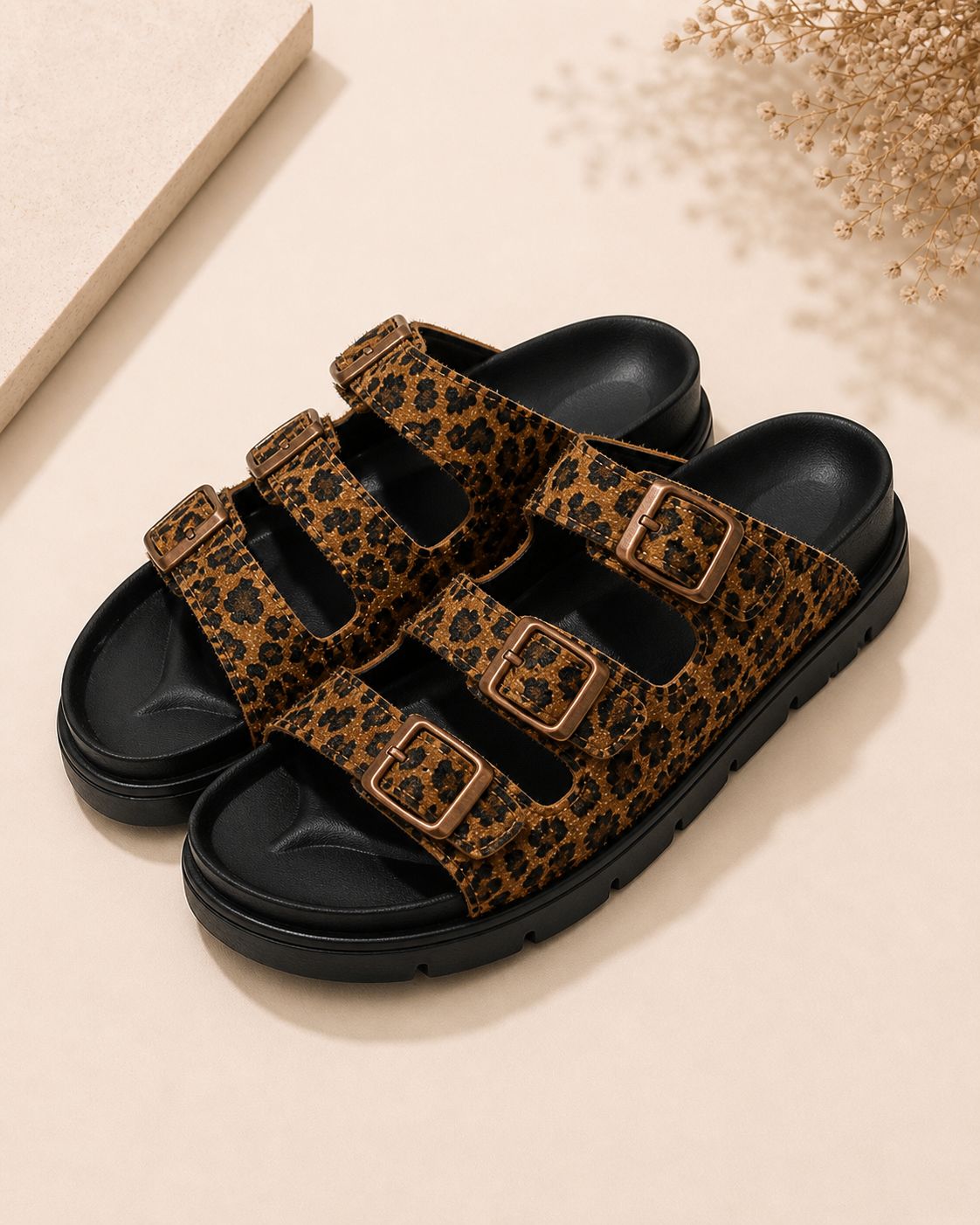 Leopar Cocoa Üç Kemerli Terlik